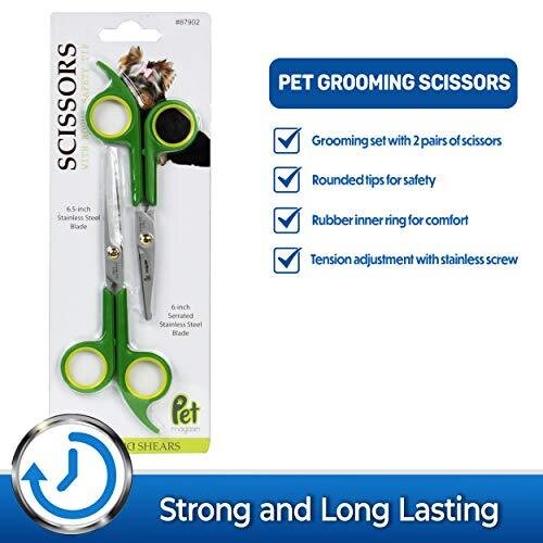 PET MAGASIN Grooming Scissors Kits - (2 Pairs - 1 for Body & 1 for Face + Ear + Nose + Paw) - Sharp & Strong Stainless Steel Blade Dog Grooming Scis